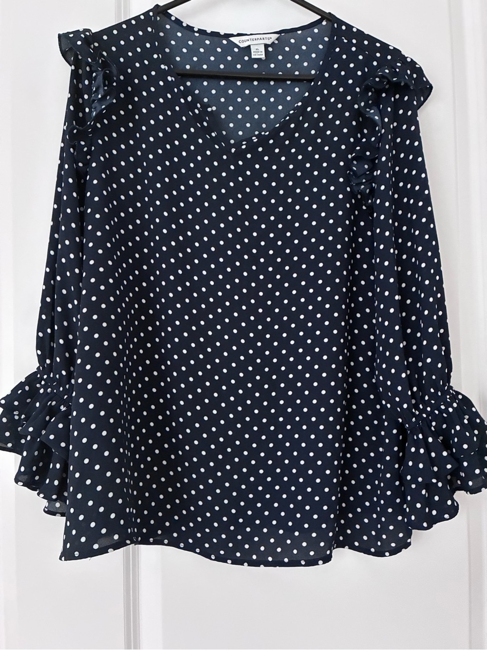 Counterparts Navy and White Polka Dot Ruffle Sleeve Top